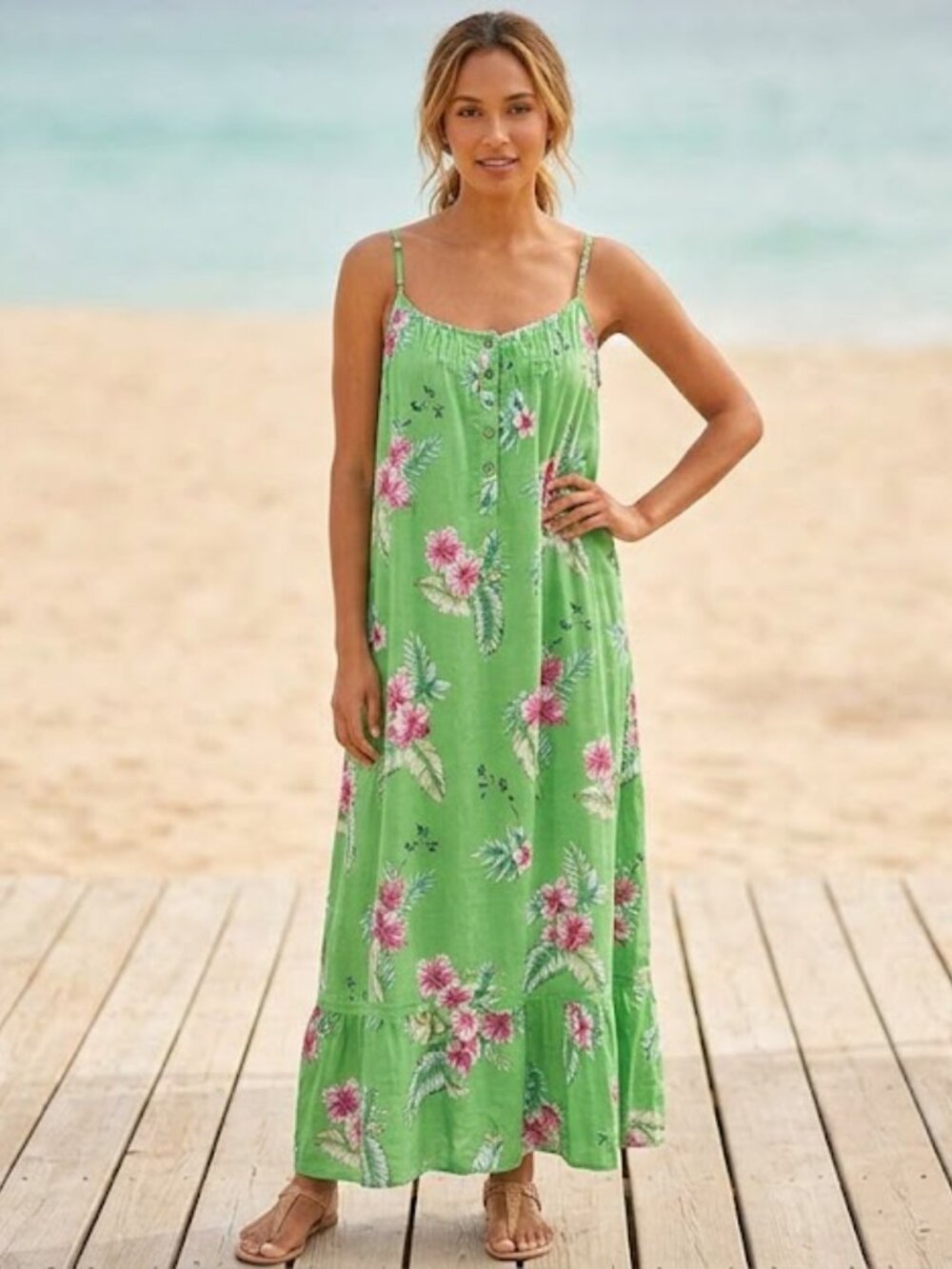 Soft Surroundings Green Tropical Floral   Maxi Dress 3XL